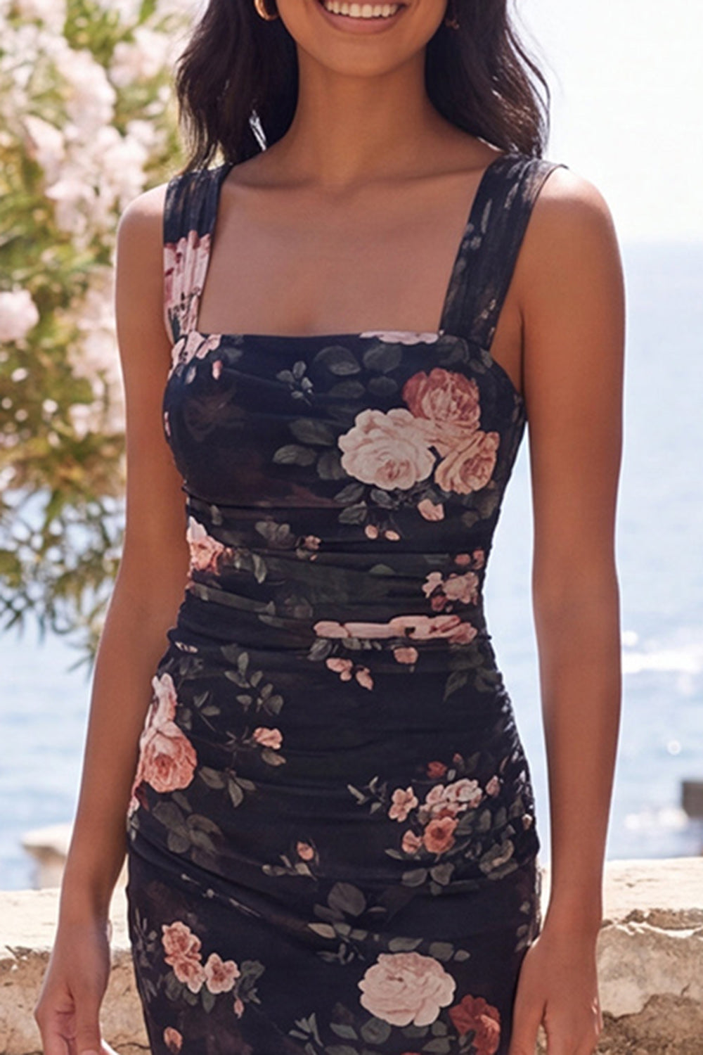 Square Neck Black Floral Wedding Guest Dress