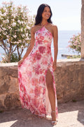 Halter Floral Pink A Line Wedding Guest Dress with Slit