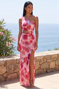 One Shoulder Cut Out Floral Pink Wedding Guest Dress