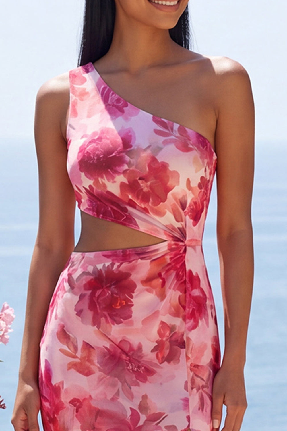 One Shoulder Cut Out Floral Pink Wedding Guest Dress