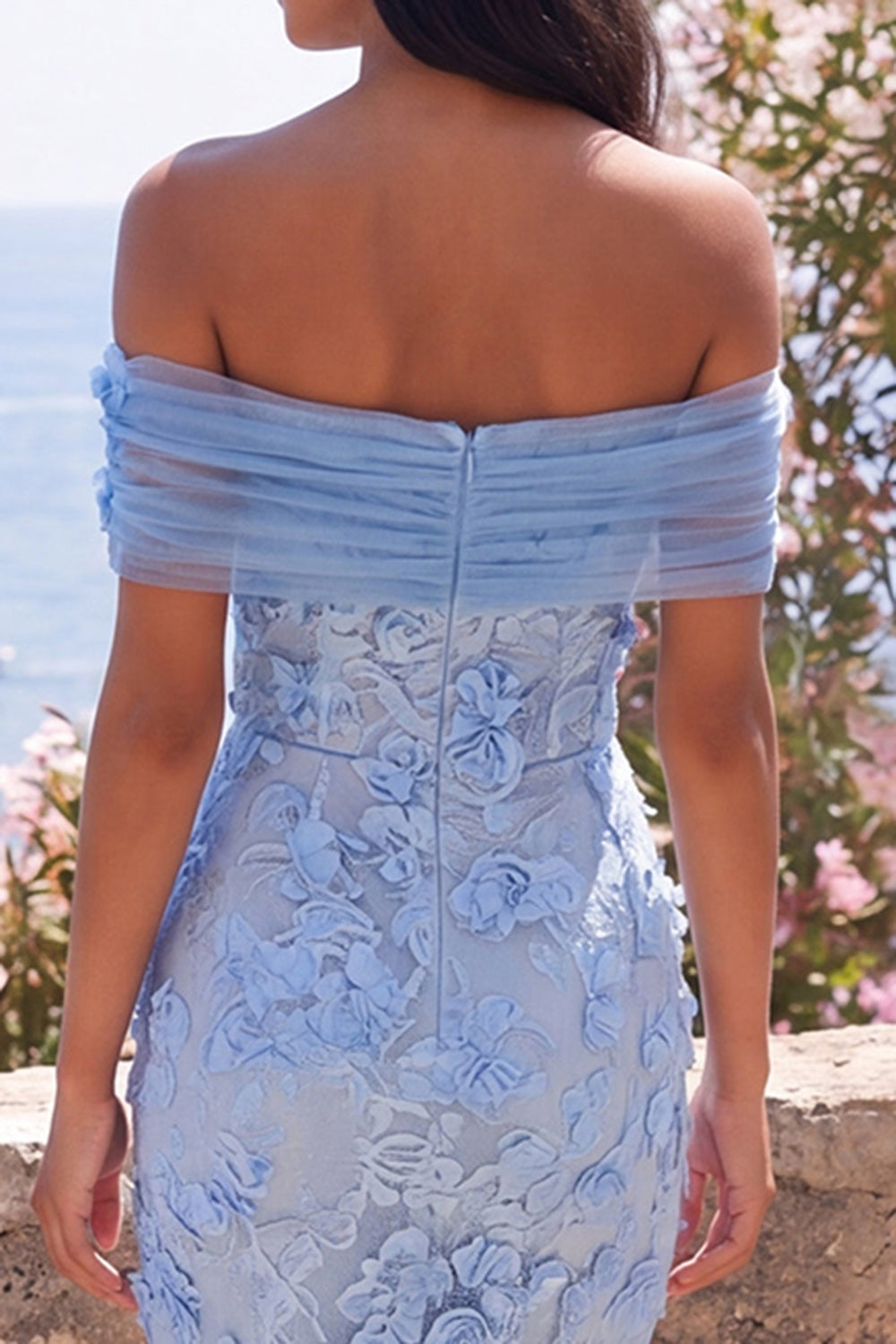 Off the Shoulder Blue Appliqued Wedding Guest Dress