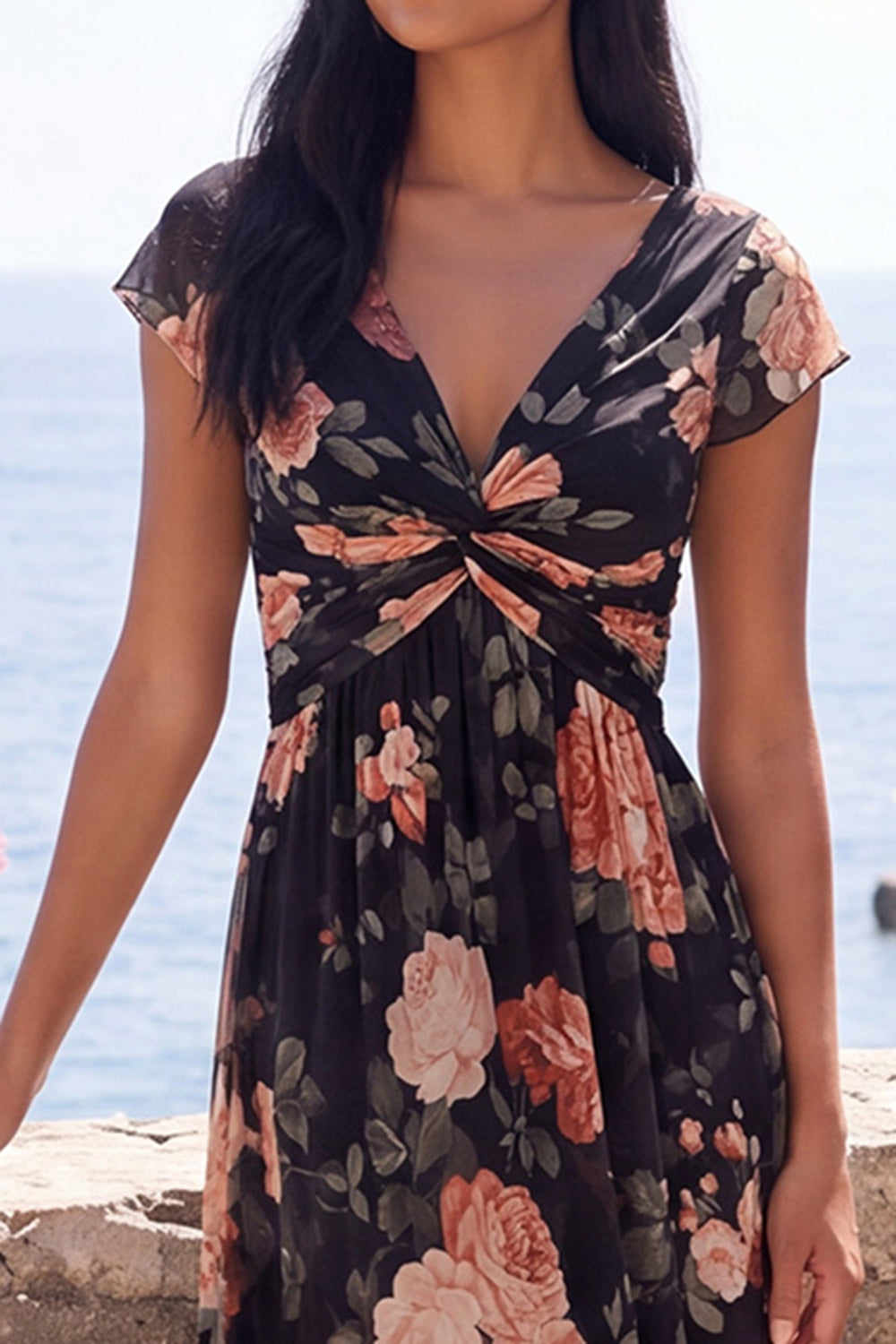 Floral Black V-Neck Wedding Guest Dress with Twist Front