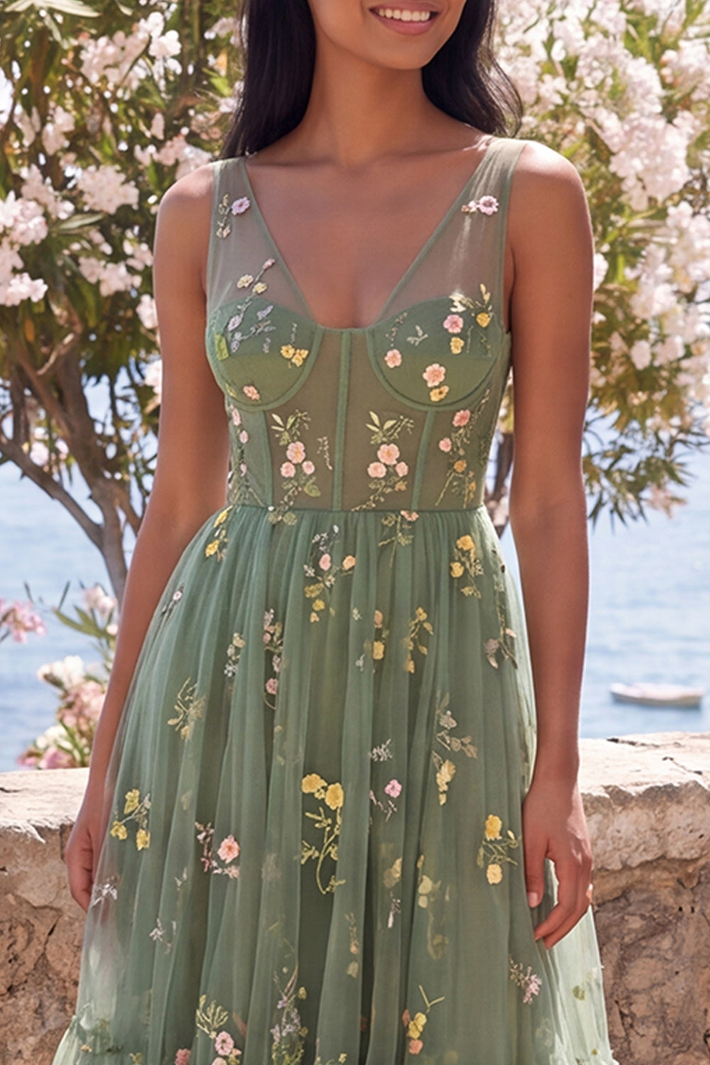Corset Dusty Sage Embroidered A Line Wedding Guest Dress