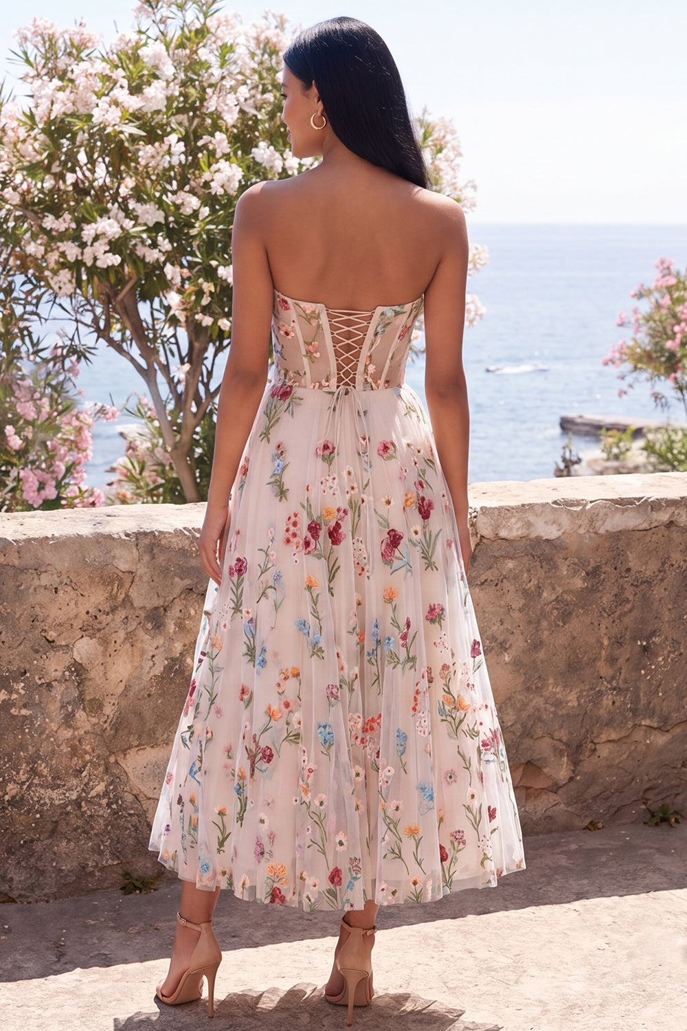 Ivory Floral Embroidered Corset Sweetheart Wedding Guest Dress