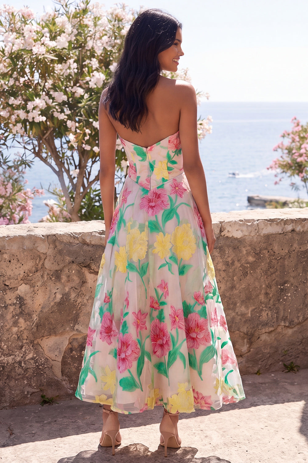 Strapless Daffodil Pink Floral A Line Wedding Guest Dress