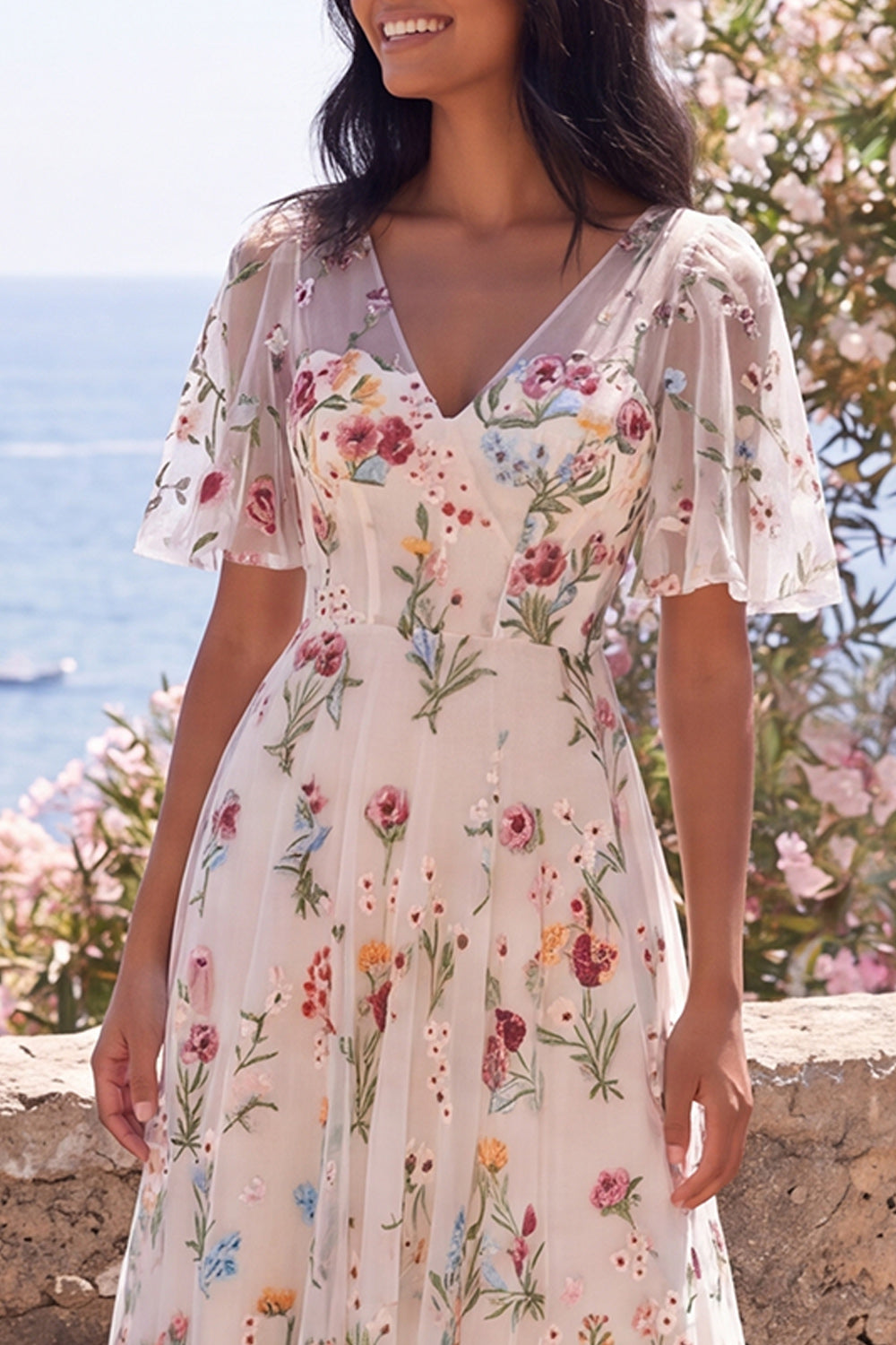 Floral V-Neck Embroidered Ivory A Line Midi Dress