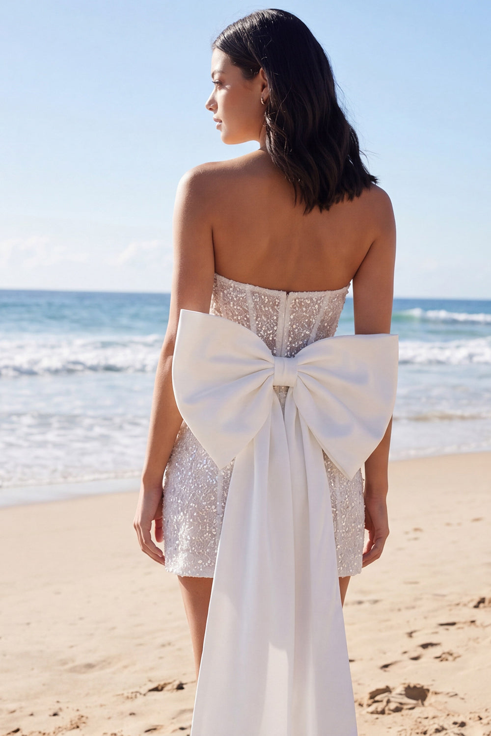 Sparkly Strapless Corset Bodycon Mini White Dress with Bow