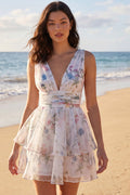 Tiered Floral A Line Ruched Mini White Dress