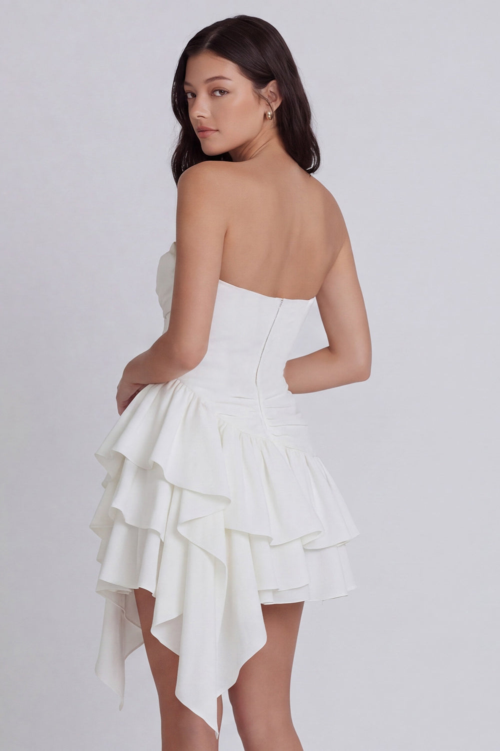 Tiered Ruched Strapless Ruffled A Line Mini White Dress
