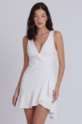 A Line V Neck Mini Ruched White Dress with Ruffles