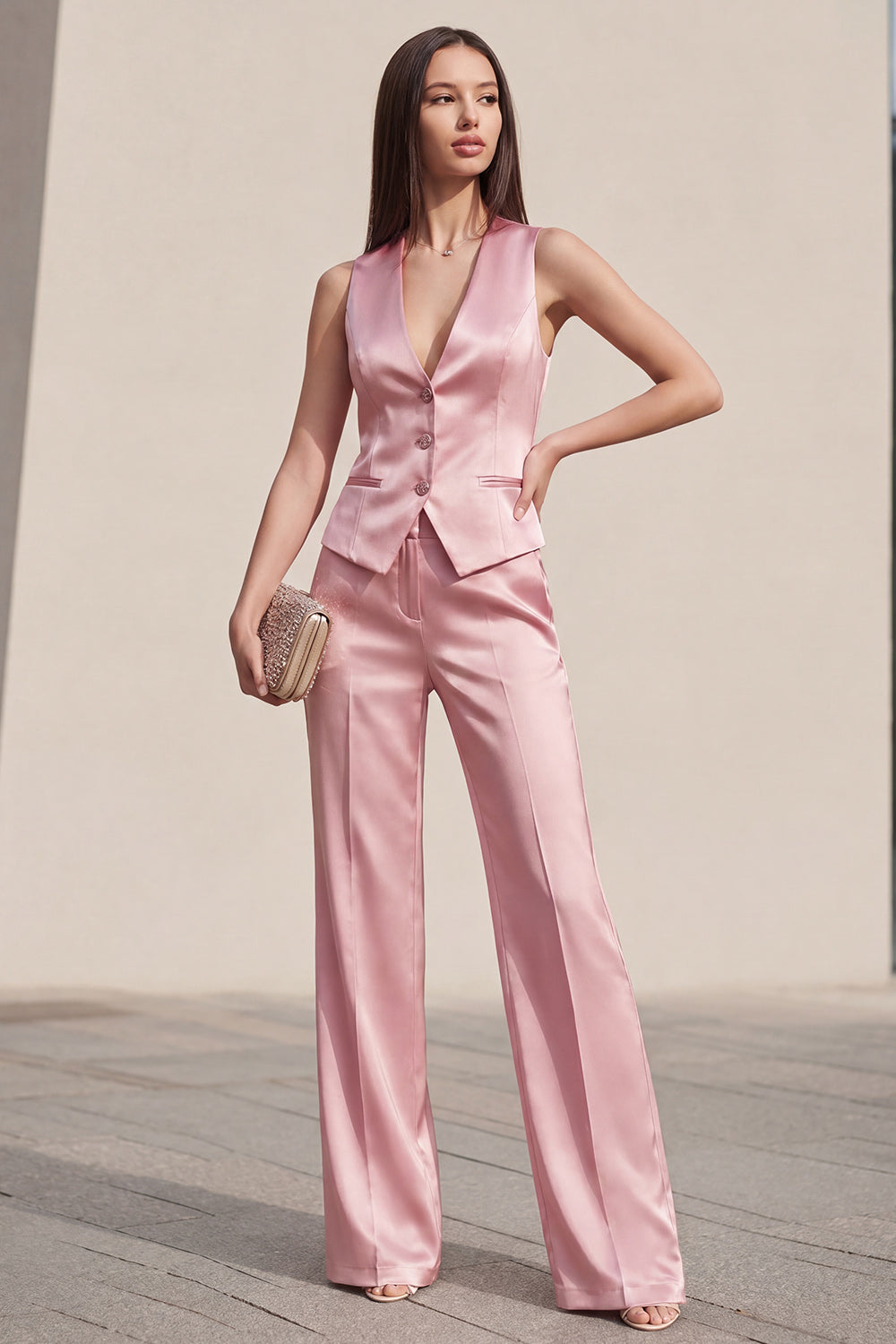 Pink Satin 2 Piece Sleeveless Single Breasted Women's Suits