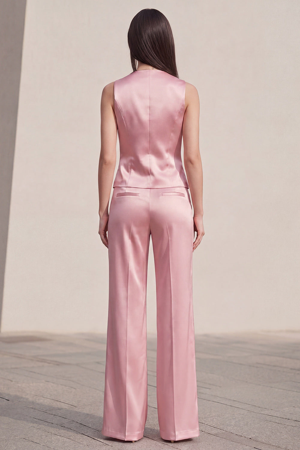 Pink Satin 2 Piece Sleeveless Single Breasted Women's Suits