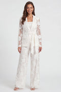 Floral Long Sleeve Notched Lapel 2 Piece Ivory Women's Suits