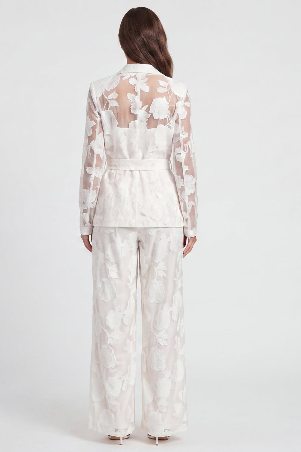 Floral Long Sleeve Notched Lapel 2 Piece Ivory Women's Suits