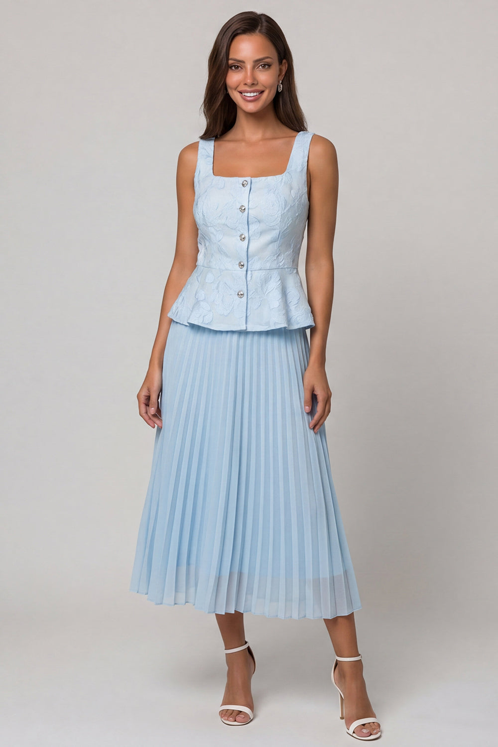 2 Piece Sky Blue Pleated A Line Ruffled Midi Work Dress