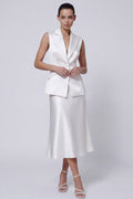 2 Piece Ivory Peaked Lapel Satin A Line Midi Work Dress