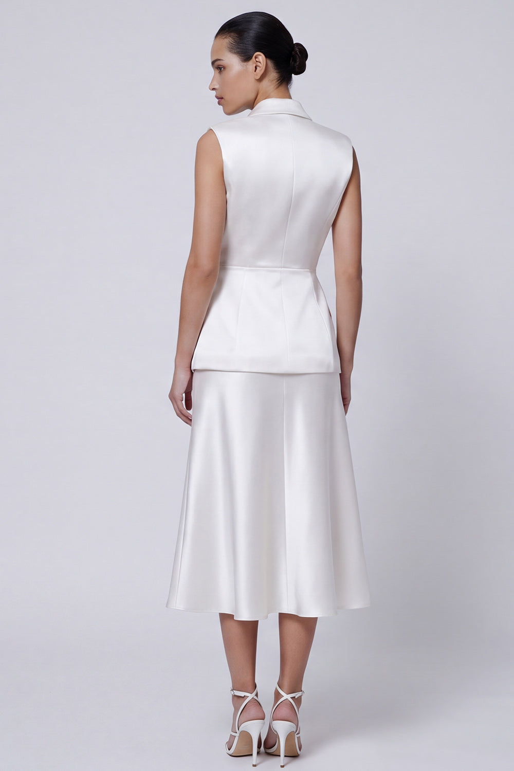 2 Piece Ivory Peaked Lapel Satin A Line Midi Work Dress