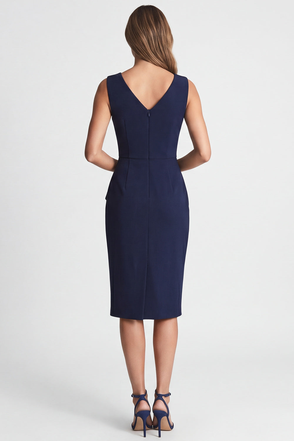 Ruched Bodycon Navy V Neck Midi Work Dress with Slit