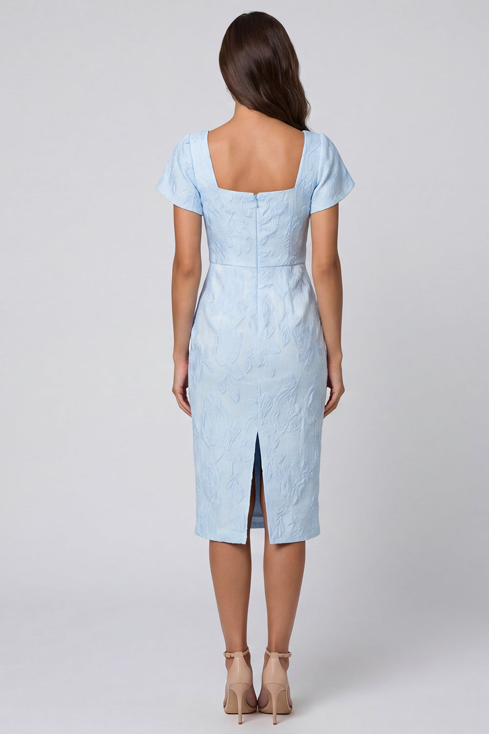 Sky Blue Floral Bodycon Square Neck Midi Work Dress with Slit
