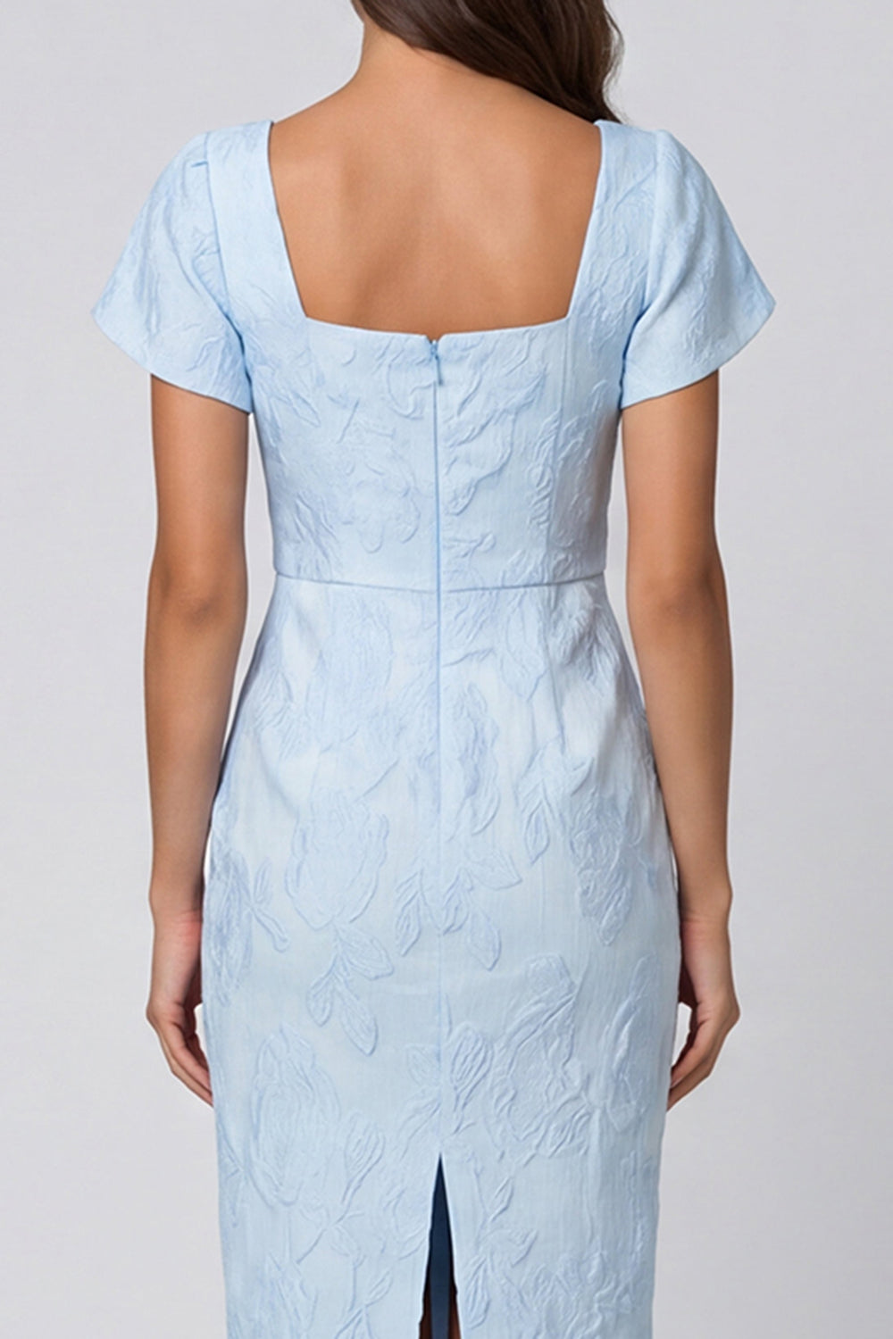 Sky Blue Floral Bodycon Square Neck Midi Work Dress with Slit