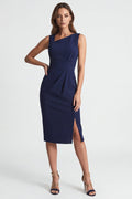 Asymmetrical Neck Ruched Bodycon Navy Midi Work Dress with Slit
