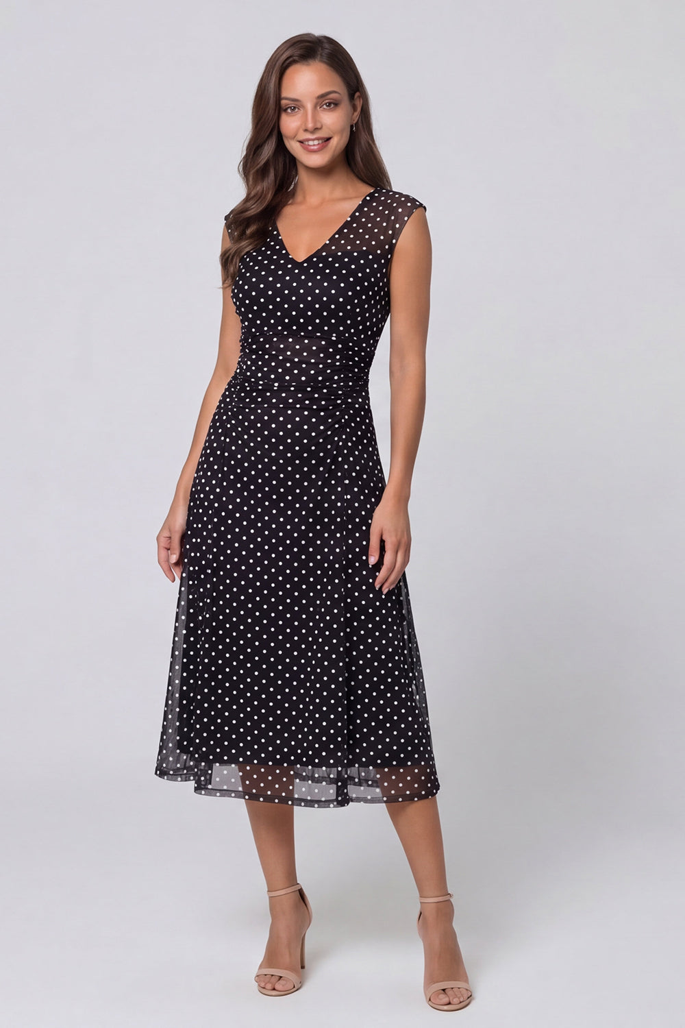 Black and White Polka Dot Sleeveless A Line Midi Work Dress