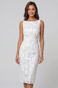 Bateau Neck Floral Ruched Ivory Bodycon Midi Work Dress