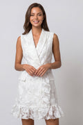 Shawl Lapel Ivory Floral Bodycon Mini Work Dress with Ruffles