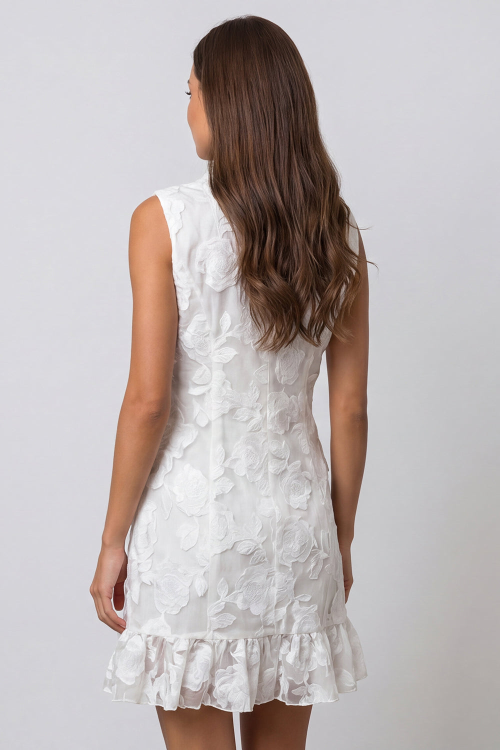 Shawl Lapel Ivory Floral Bodycon Mini Work Dress with Ruffles
