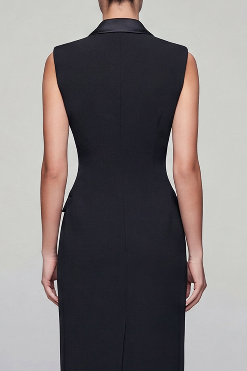 Peaked Lapel Black Bodycon Midi Work Dress with Slit