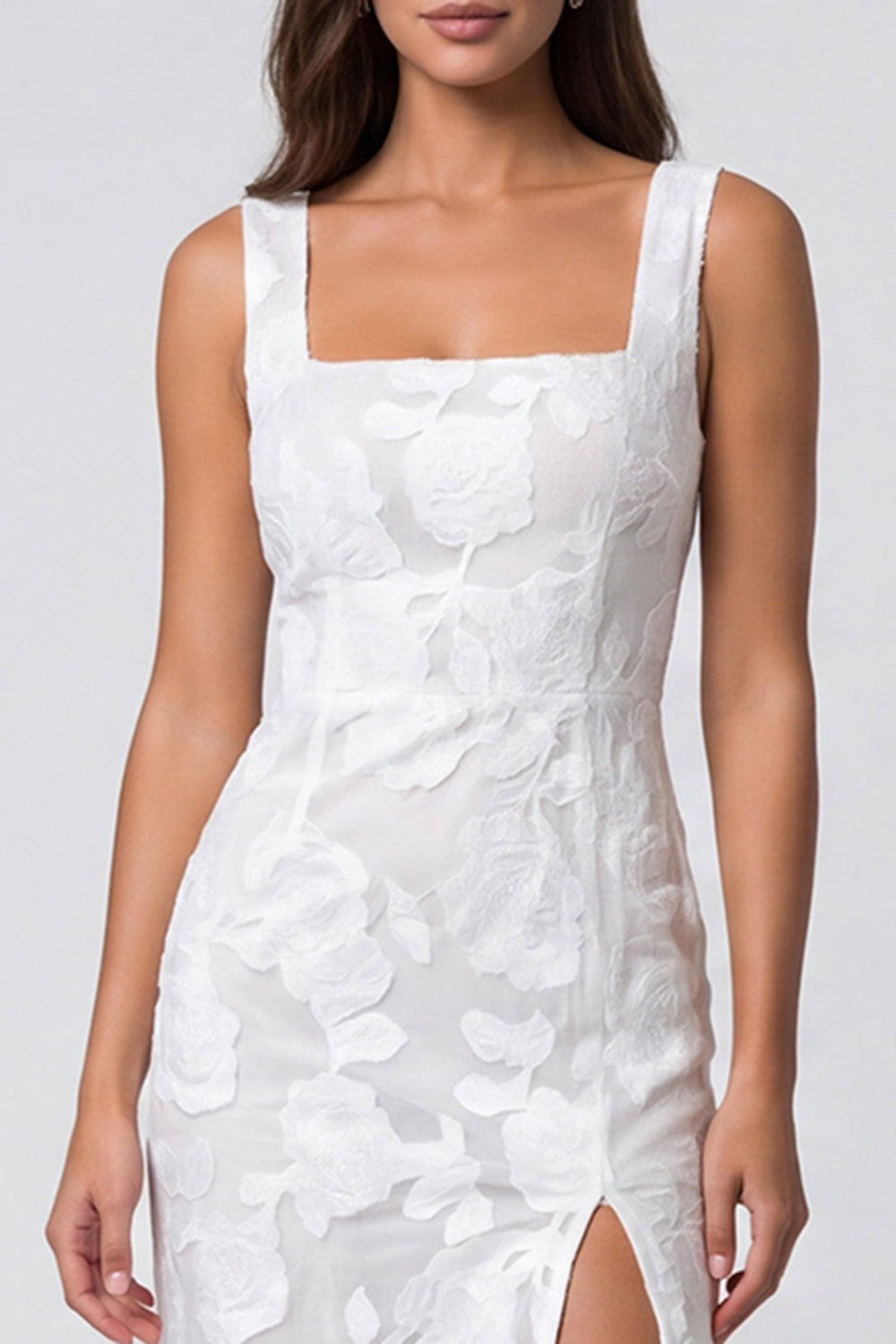 Floral Ivory Bodycon Midi Work Dress with Slit