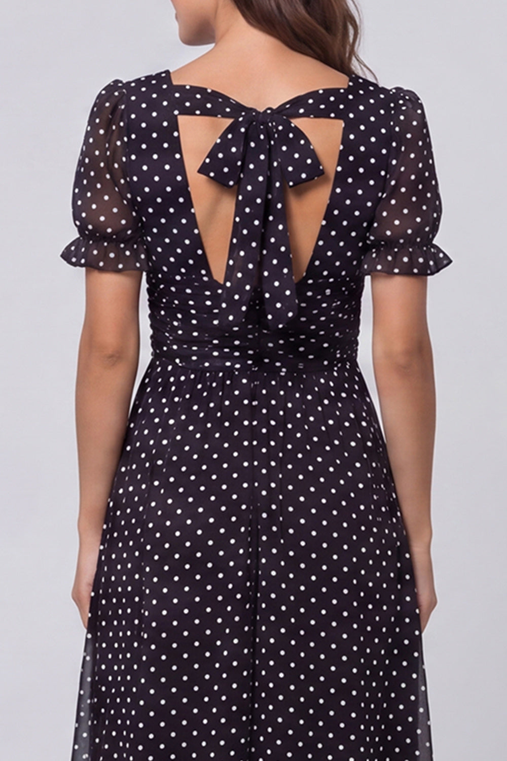 Black and White Polka Dot A Line Midi Work Dress with Short Sleeves