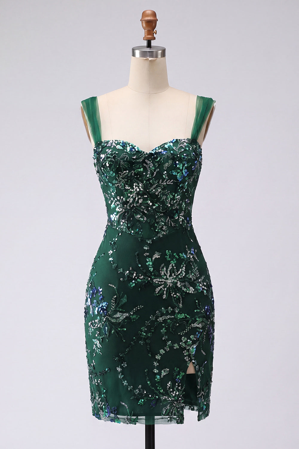 Dark Green Sequin Bodycon Mini Homecoming Dress with Slit