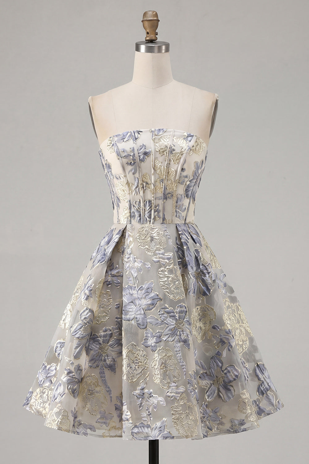 Strapless Floral Dusty Blue Corset A Line Mini Homecoming Dress