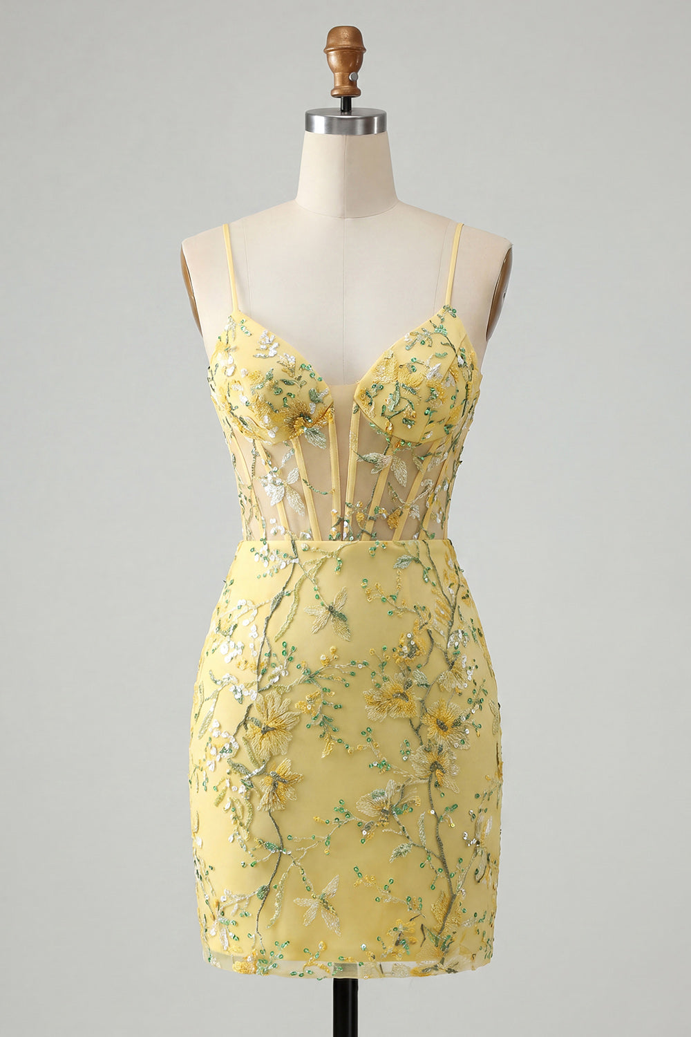 Floral Corset Yellow Embroidered Bodycon Mini Homecoming Dress