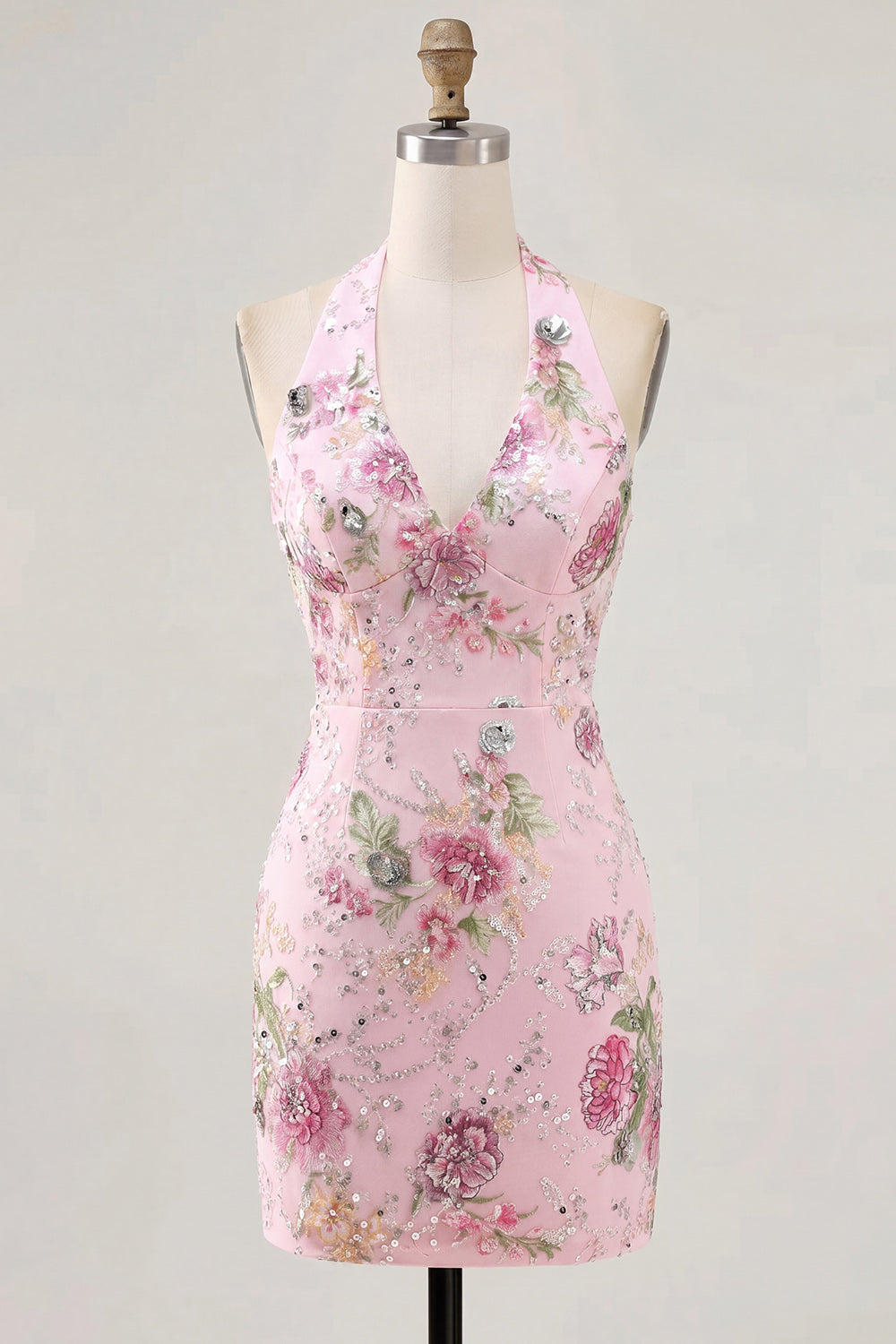 Halter Floral Pink Sequin Bodycon Mini Homecoming Dress