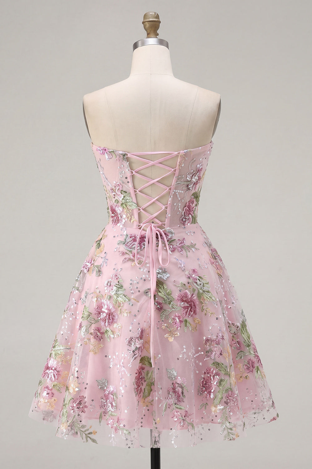 Strapless Sequin Floral Pink Corset A Line Homecoming Dress