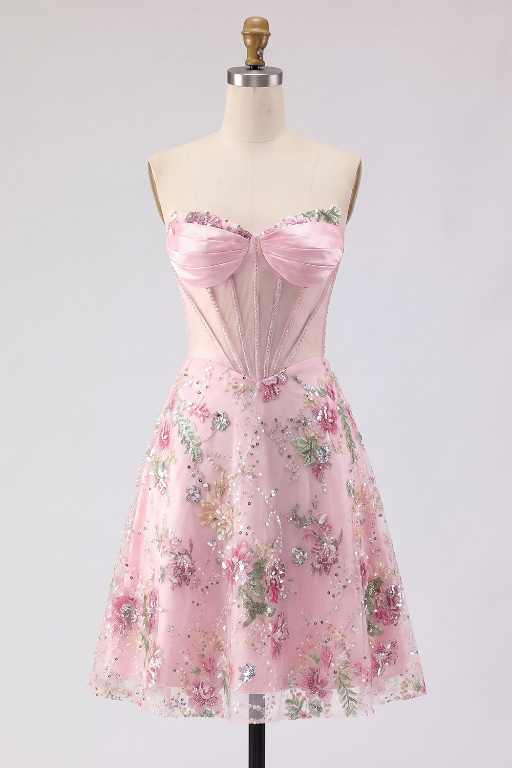 Strapless Corset Sequin Floral Pink Appliqued Homecoming Dress