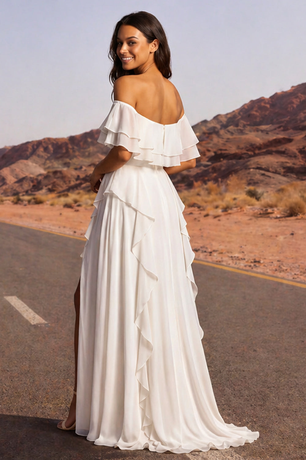 Off the Shoulder Ivory A Line Ruffled Boho Wedding Dress with Slit