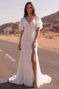 Ivory Mermaid Lace V Neck Boho Wedding Dress with Flutter Sleeves