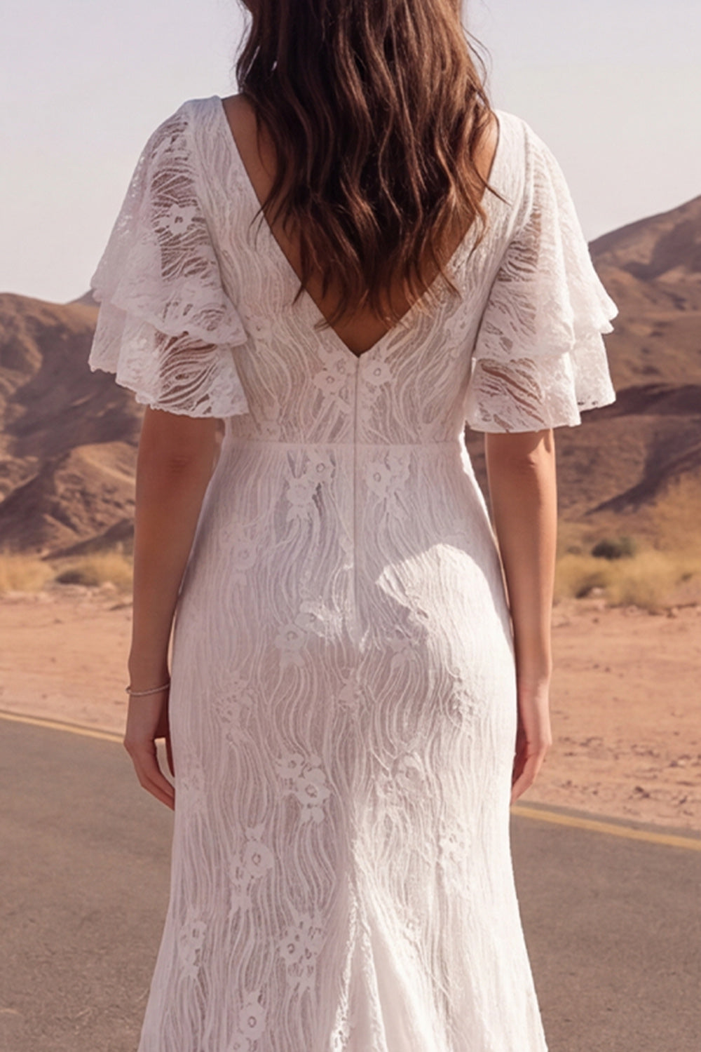 Ivory Mermaid Lace V Neck Boho Wedding Dress with Flutter Sleeves