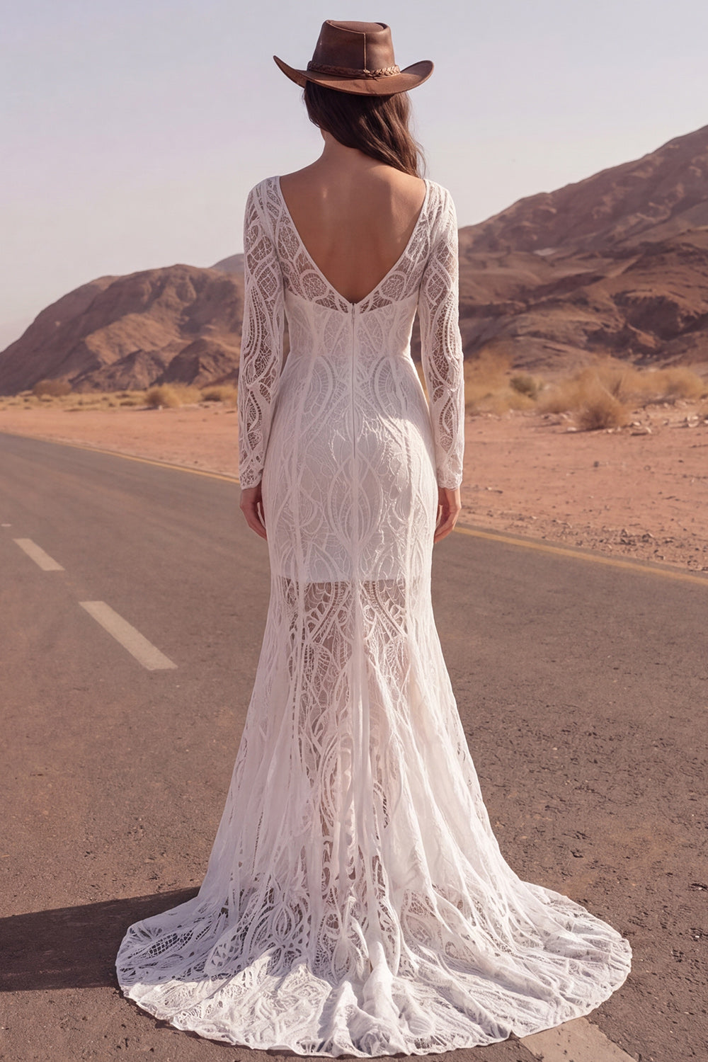 Long Sleeve Ivory Mermaid Lace Maxi Boho Wedding Dress