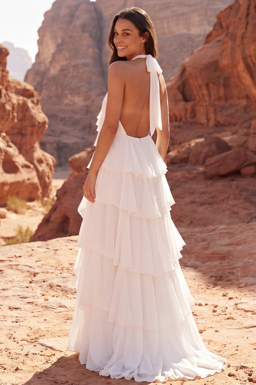 3D Flower Halter Ruffled Ivory Tiered Boho Wedding Dress