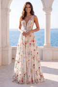 Floral A Line Ivory Embroidered V Neck Wedding Dress