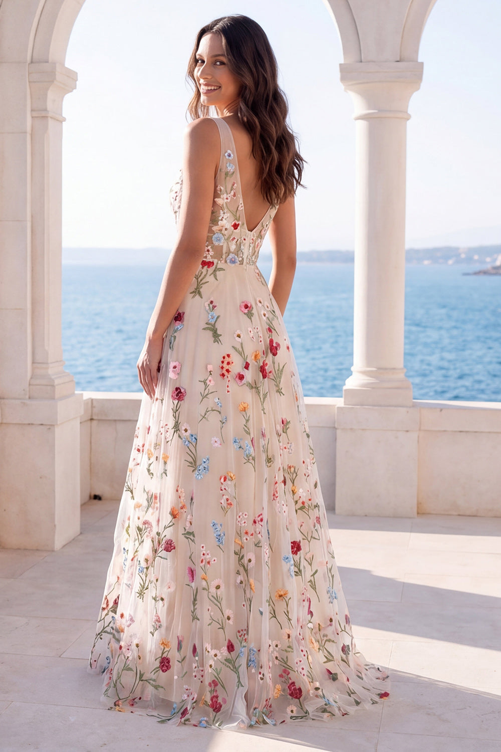Floral A Line Ivory Embroidered V Neck Wedding Dress