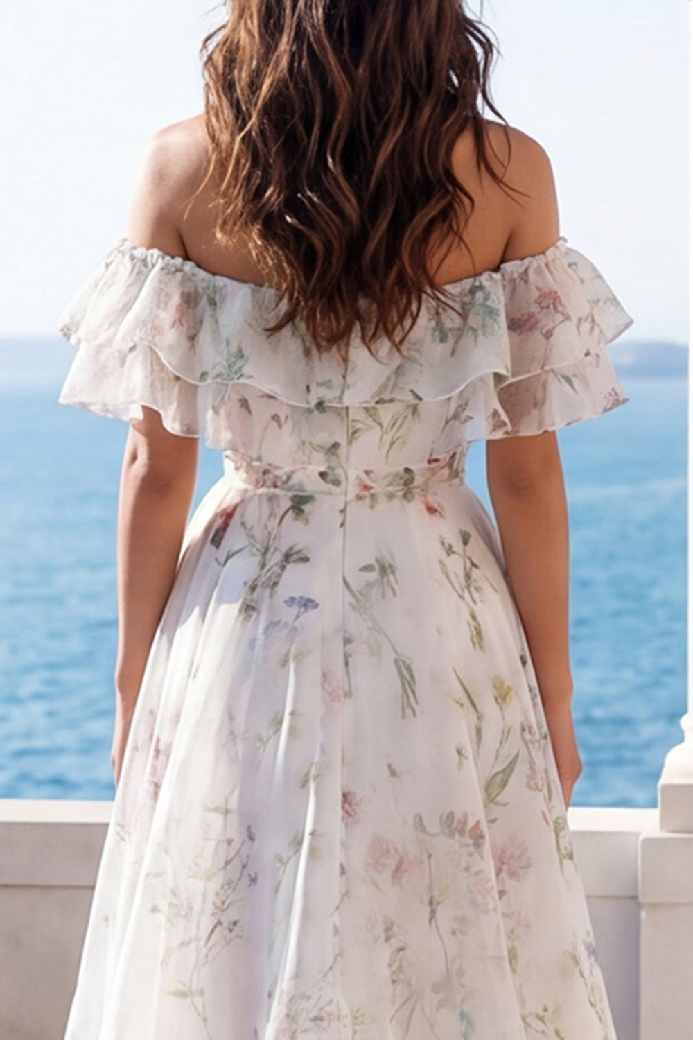 Off the Shoulder Ruffled A Line Printed Ivory Maxi Wedding Dress