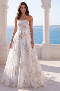 Strapless Printed Ruched A Line Ivory Maxi Wedding Dress