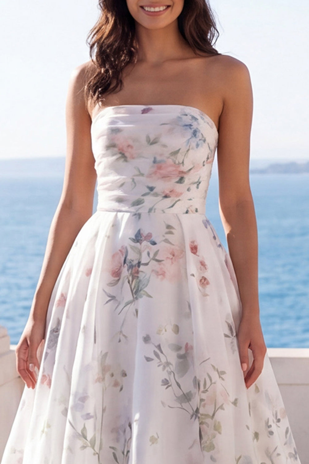Strapless Printed Ruched A Line Ivory Maxi Wedding Dress
