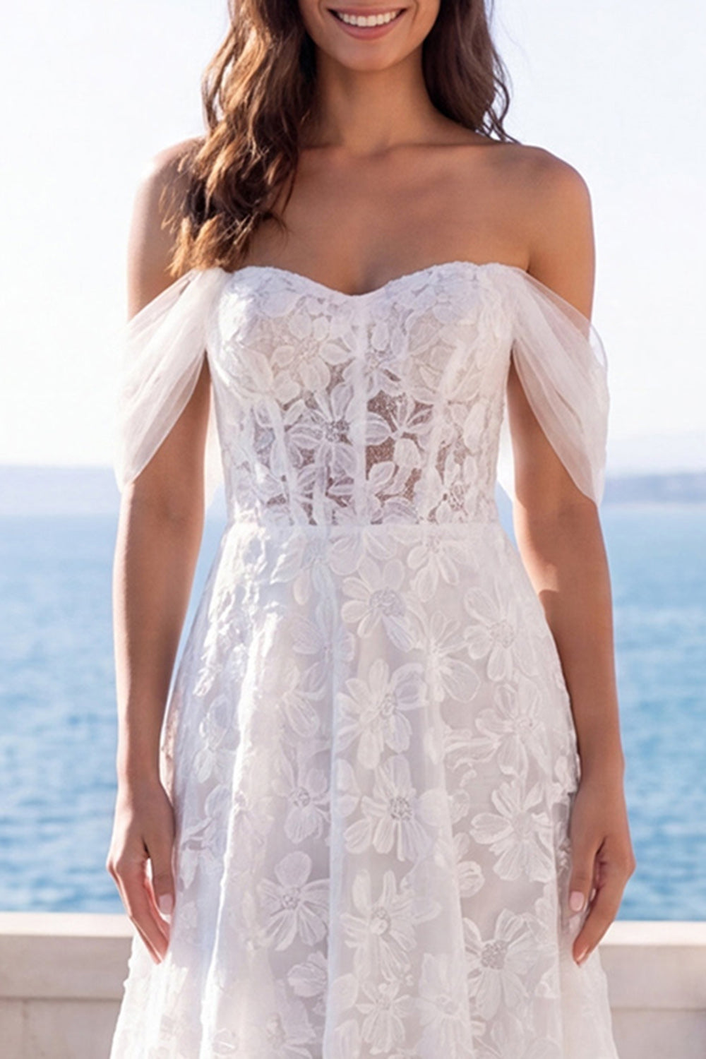 Off the Shoulder Corset Floral A Line Ivory Maxi Wedding Dress
