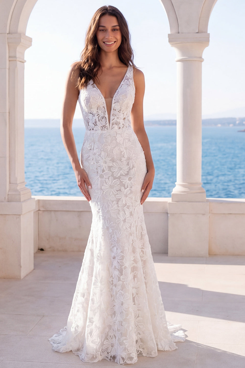 Floral Mermaid Ivory V Neck Maxi Wedding Dress